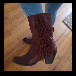 Cognac Brown Leather Fringed Mid Calf Cowboy / Line Dancing Boot Sz 7.5